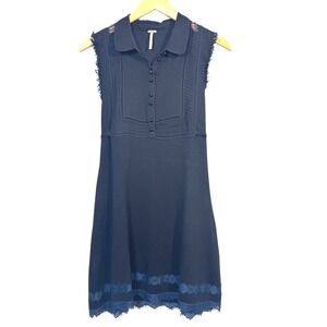 Free People Womens Dress Large Knit Black Sleeveless‎ A-Line Blue Lace Trim Mini